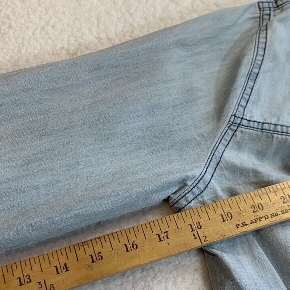 POL Women's Plaid Pocket Long Sleeve Snap Boho Western Denim Top Size S Blue - Picture 7 of 10